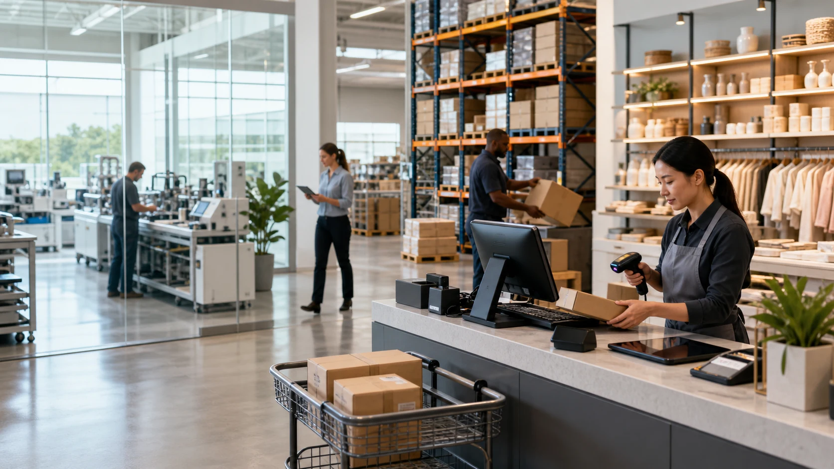 Retail operator scanning goods at a connected checkout