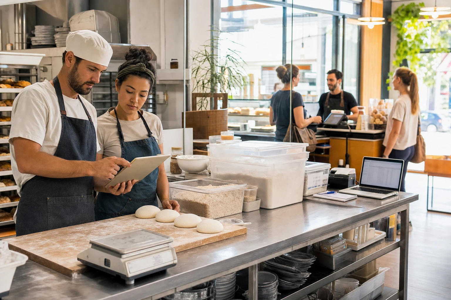 Bakery and cafe team coordinating production and counter service