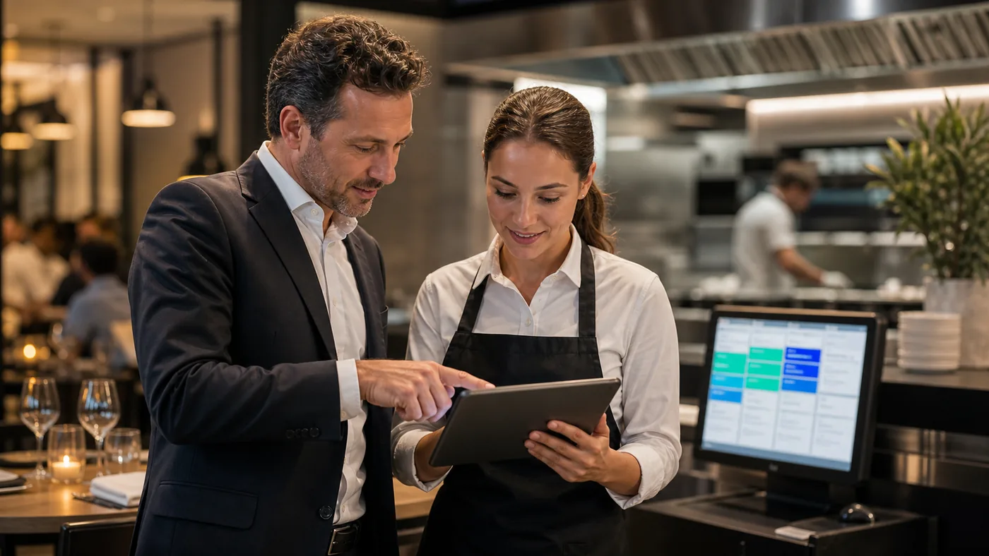Restaurant service team managing floor and kitchen orders
