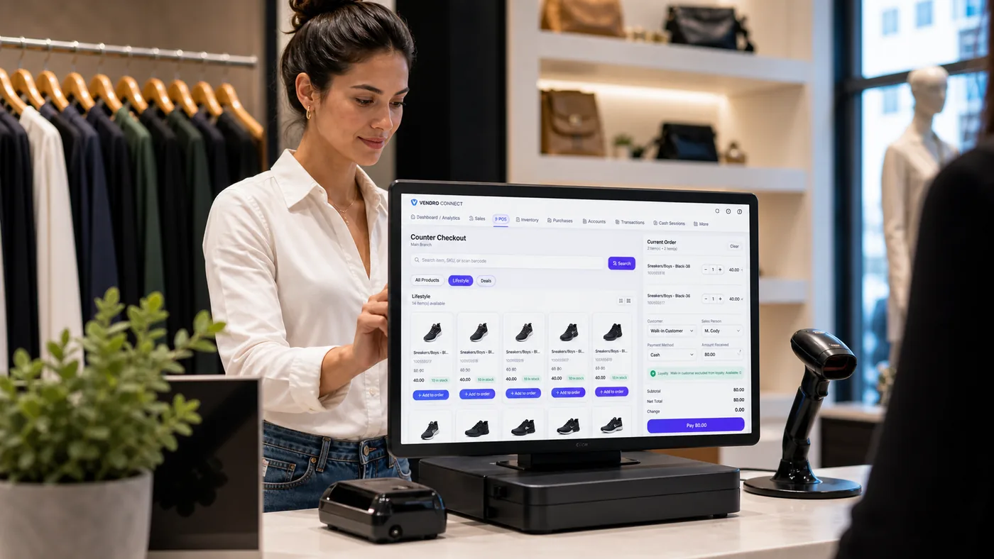 Retail cashier using Vendro POS checkout on the counter terminal